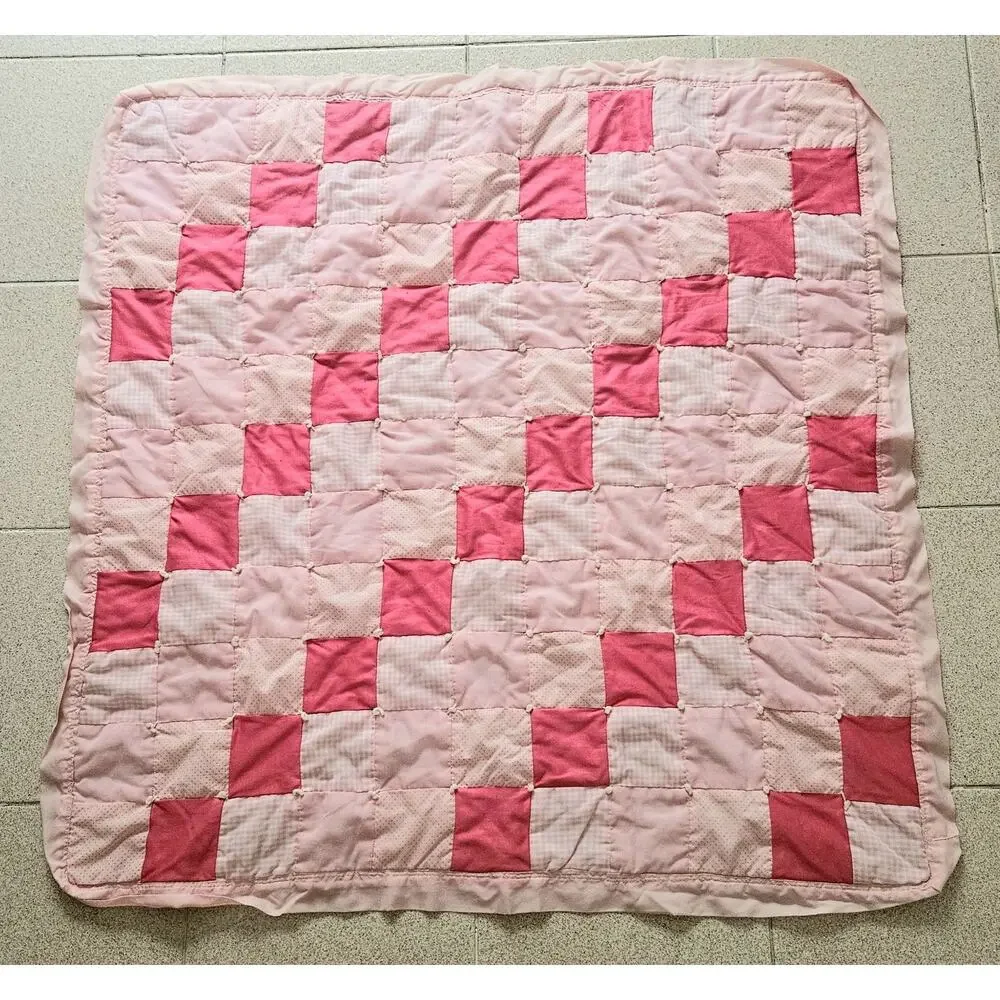 Pink Quilted Quilt Blanket Crib Coverlet for Girls, Satin Edging, Hand knotted